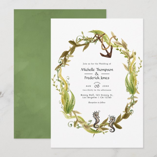 Watercolor Nautical Seaweed Wedding Invitation (Front/Back)