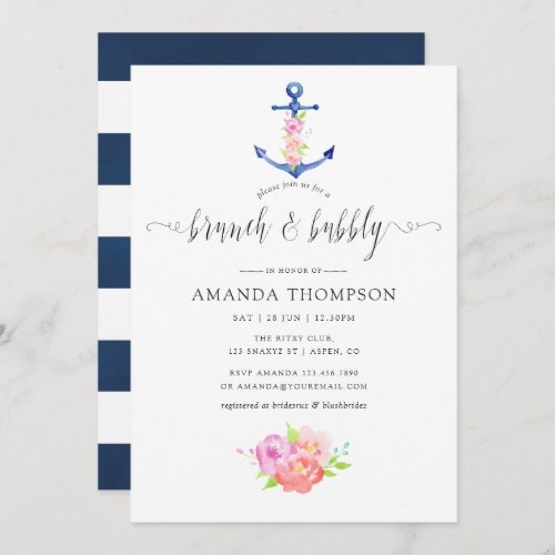 Watercolor Nautical Theme Floral Brunch and Bubbly Invitation