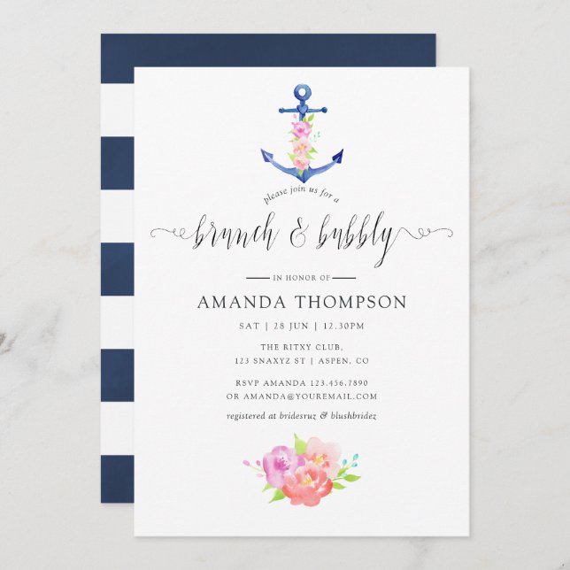 Watercolor Nautical Theme Floral Brunch and Bubbly Invitation (Front/Back)