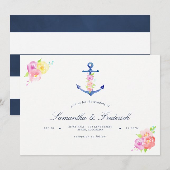 Watercolor Nautical Themed Anchor Wedding Invite (Front/Back)