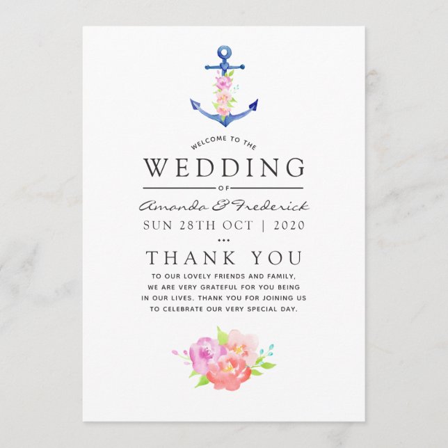 Watercolor Nautical Themed Floral Anchor Wedding Program (Front)