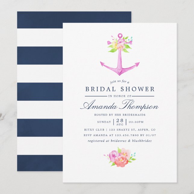 Watercolor Nautical Themed Floral Bridal Shower Invitation (Front/Back)