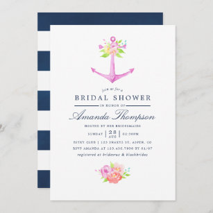 Watercolor Nautical Themed Floral Bridal Shower Invitation