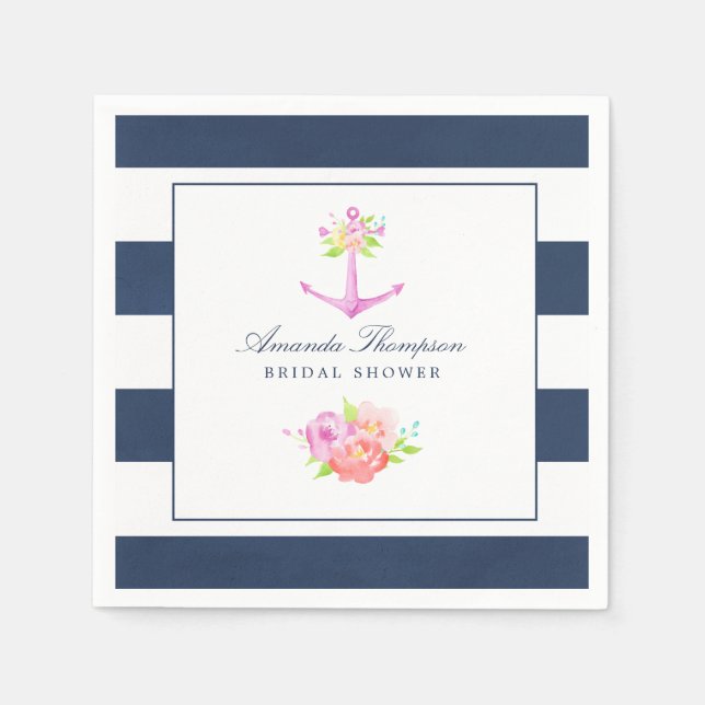 Watercolor Nautical Themed Floral Bridal Shower Napkins (Front)