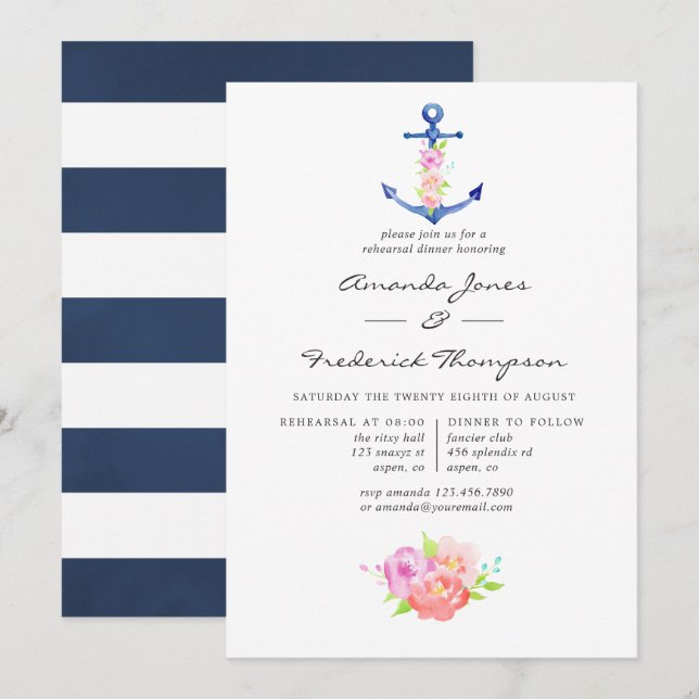Watercolor Nautical Themed Floral Rehearsal Dinner Invitation (Front/Back)