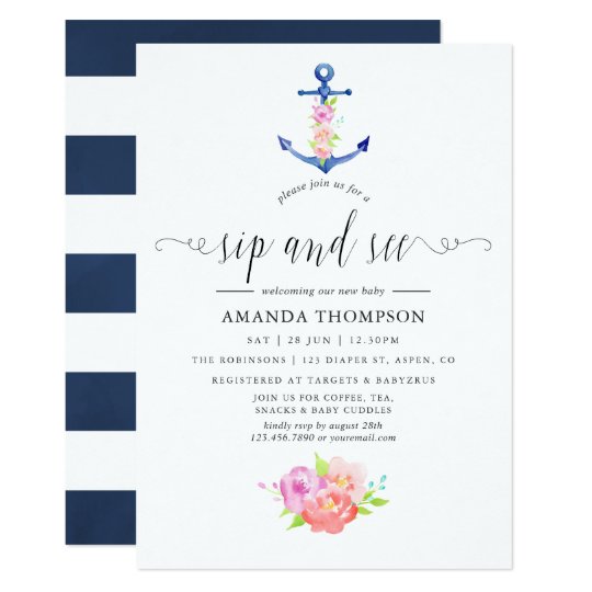 Watercolor Nautical Themed Floral Sip and See Invitation ...