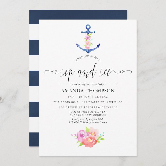 Watercolor Nautical Themed Floral Sip and See Invitation (Front/Back)