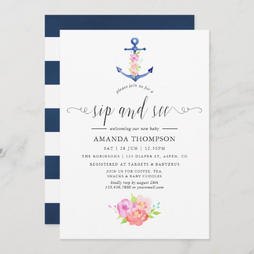 Watercolor Nautical Themed Floral Sip and See Invitation