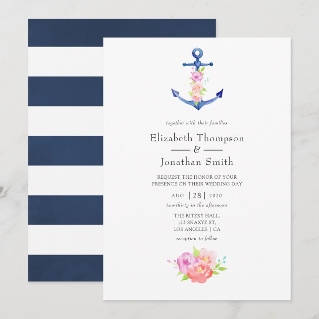 Watercolor Nautical Themed Floral Wedding Invitation (Front/Back)