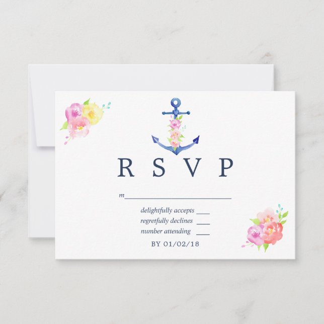 Watercolor Nautical Themed Floral Wedding RSVP Card (Front)