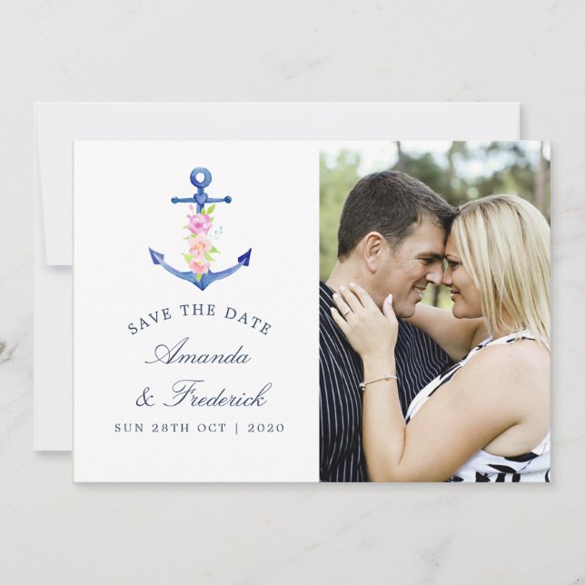 Watercolor Nautical Themed Wedding Save the Date (Front)