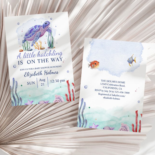 Watercolor Nautical Turtle Baby Shower Invitation (Watercolor Nautical Turtle Baby Shower Invitation on a sunny white dry palm leaf.)