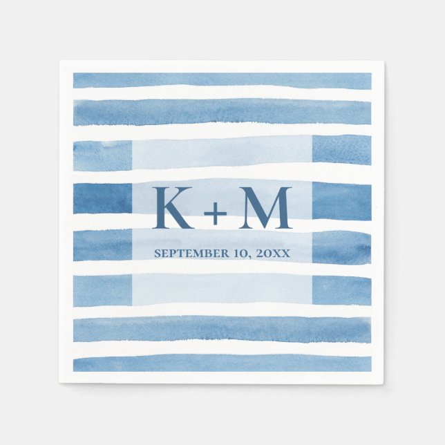 Watercolor nautical wedding. Blue stripes monogram Napkins (Front)