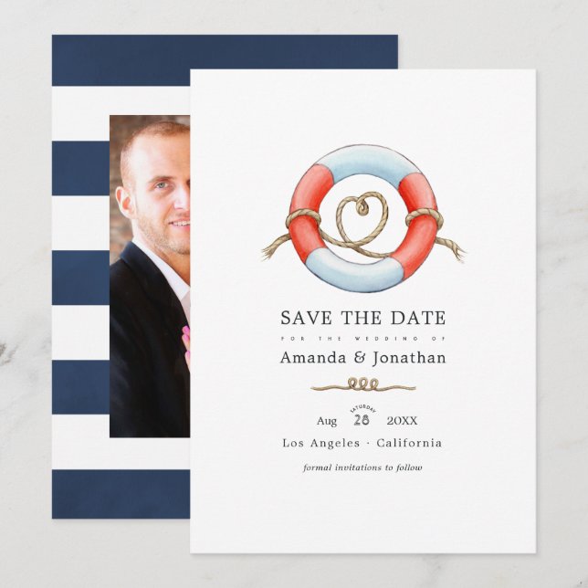 Watercolor Nautical Wedding Photo Save The Date (Front/Back)