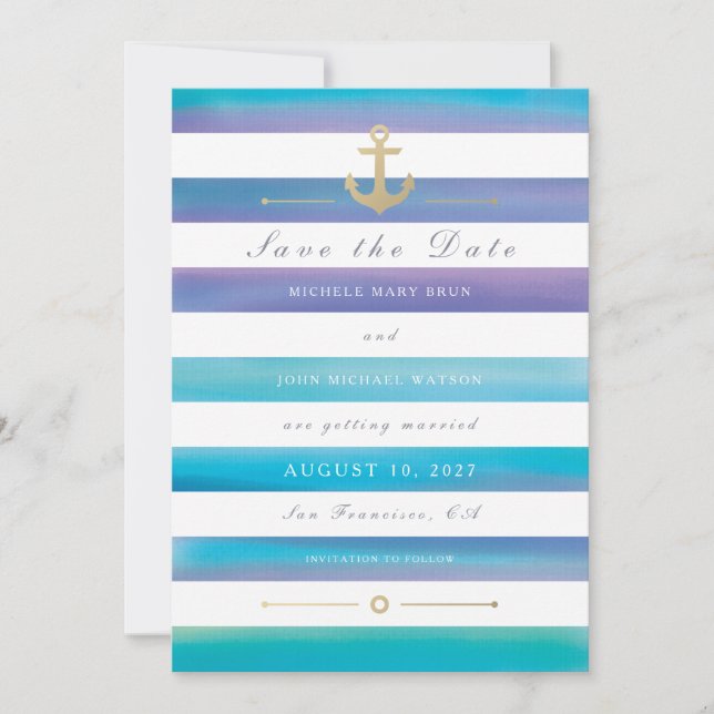 Watercolor Nautical Wedding Save The Date Card (Front)