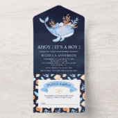 Watercolor Nautical Whale Navy Blue Baby Shower All In One Invitation (Inside)