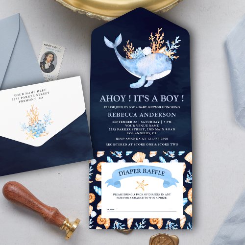 Watercolor Nautical Whale Navy Blue Baby Shower All In One Invitation