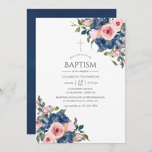 Watercolor Navy and Blush Floral Baptism Invitation