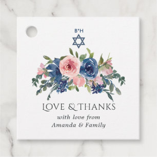 Watercolor Navy and Blush Floral Bat Mitzvah Favor Tags