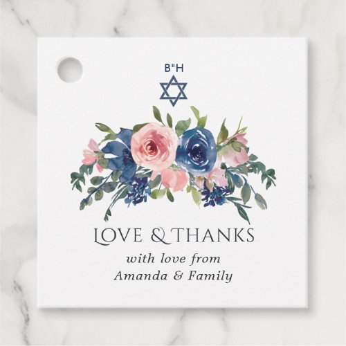 Watercolor Navy and Blush Floral Bat Mitzvah Favor Tags