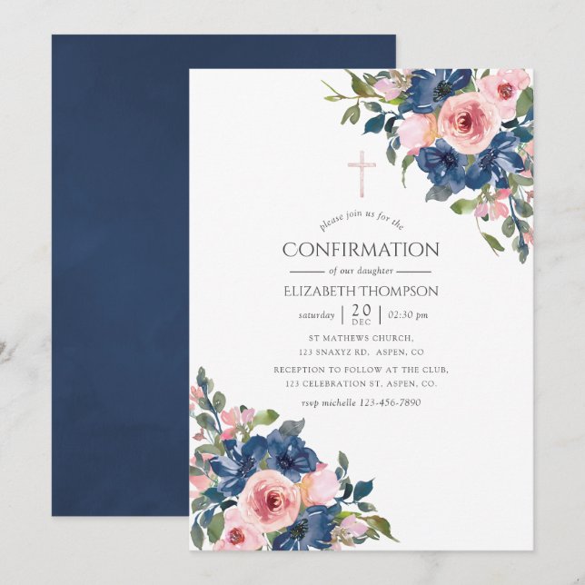 Watercolor Navy and Blush Floral Confirmation Invitation (Front/Back)