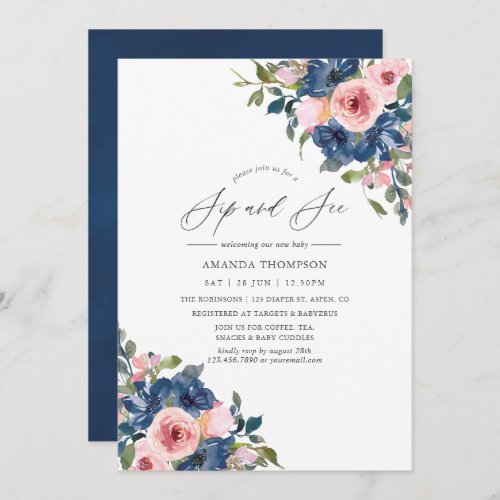 Watercolor Navy and Blush Floral Sip and See Invitation