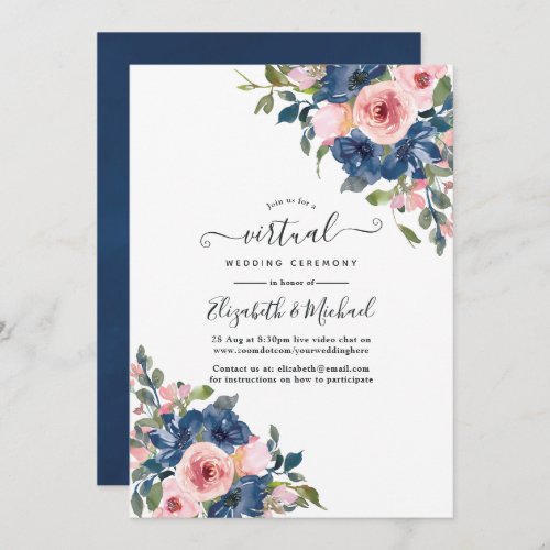 Watercolor Navy and Blush Floral Virtual Wedding Invitation