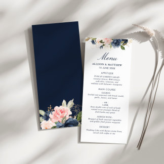 watercolor navy and blush floral wedding menu