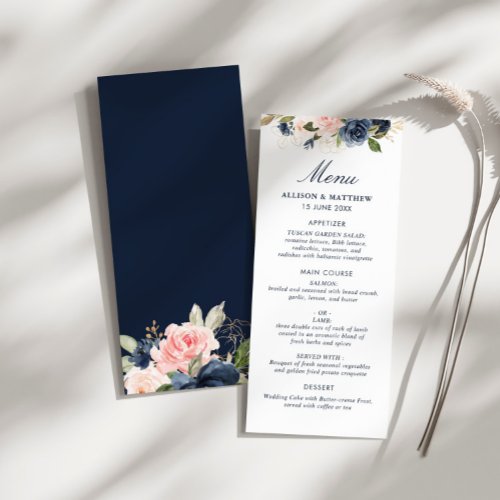 watercolor navy and blush floral wedding menu