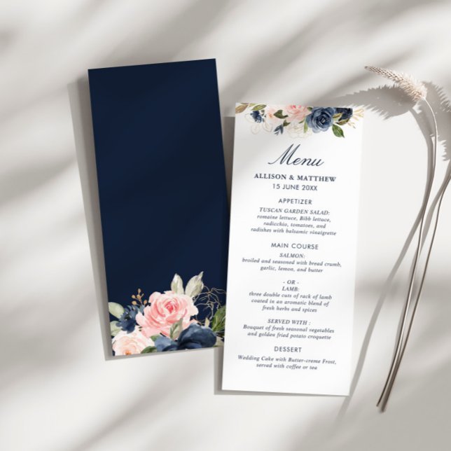 watercolor navy and blush floral wedding menu (Creator Uploaded)