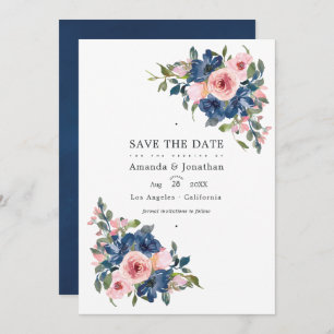Watercolor Navy and Blush Floral Wedding Photo Save The Date