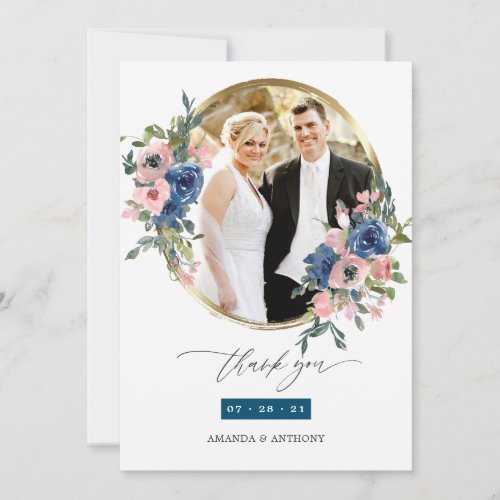 Watercolor Navy and Blush Floral Wedding Photo Thank You Card