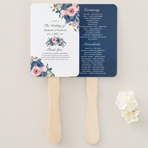 Watercolor Navy and Blush Floral Wedding Program Hand Fan