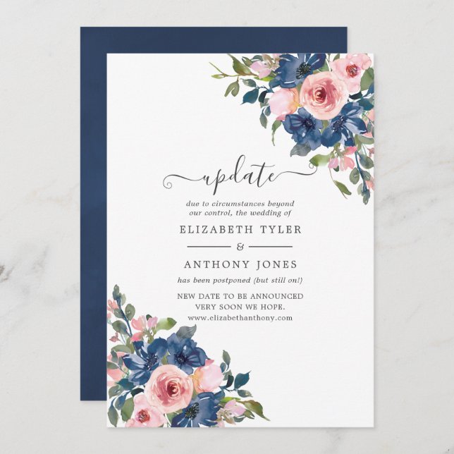 Watercolor Navy and Blush Floral Wedding Update Invitation (Front/Back)