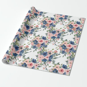 Watercolor Navy and Blush Floral Wrapping Paper