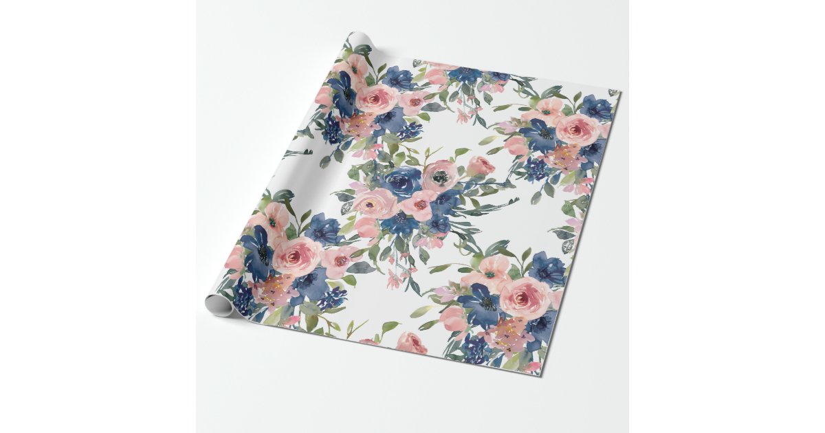 Watercolor Navy and Blush Floral Wrapping Paper | Zazzle