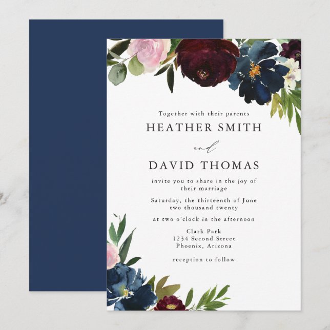 Watercolor Navy and Burgundy Flowers Wedding Invitation (Front/Back)