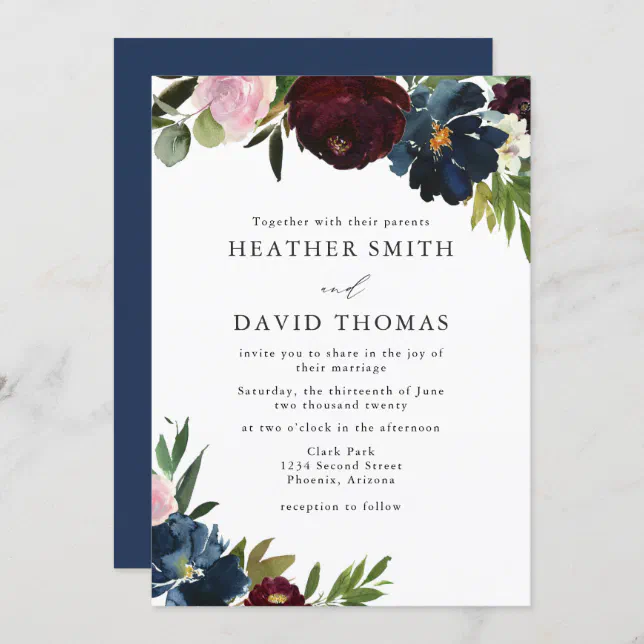 Watercolor Navy and Burgundy Flowers Wedding Invitation | Zazzle