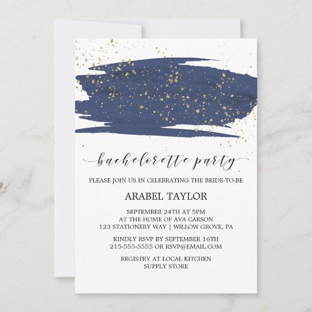 Watercolor Navy and Gold Bachelorette Party Invitation (Front)