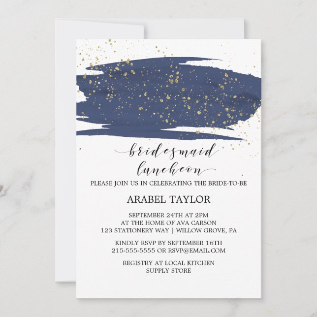 Watercolor Navy and Gold Bridesmaid Luncheon Invitation (Front)
