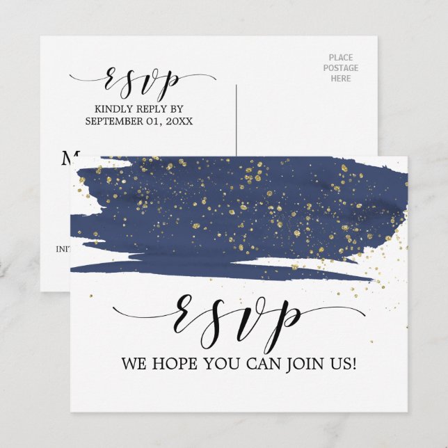 Watercolor Navy and Gold Menu Choice RSVP Postcard (Front/Back)