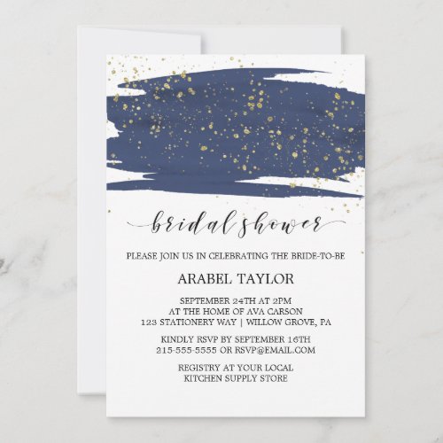 Watercolor Navy and Gold Sparkle Bridal Shower Invitation