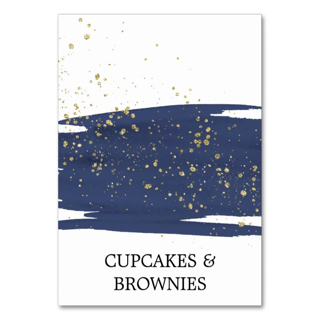 Watercolor Navy and Gold Sparkle Food Tent Cards (Front)