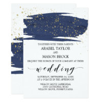 Watercolor Navy and Gold Sparkle Wedding Card