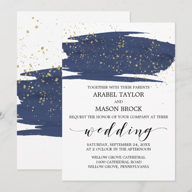 Watercolor Navy and Gold Sparkle Wedding Invitation (Front/Back)