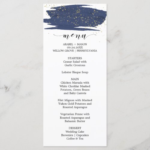 Watercolor Navy and Gold Sparkle Wedding Menu