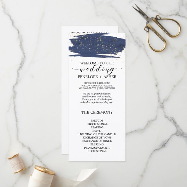 Watercolor Navy and Gold Sparkle Wedding Program (Front/Back In Situ)