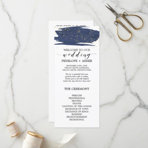 Watercolor Navy and Gold Sparkle Wedding Program