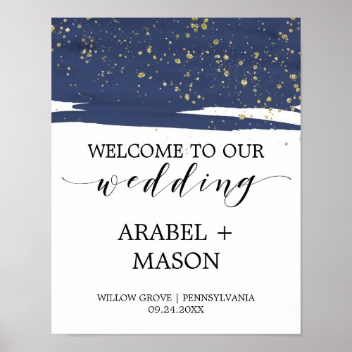 Watercolor Navy and Gold Sparkle Wedding Welcome Poster