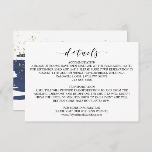 Watercolor Navy and Gold Wedding Details Card